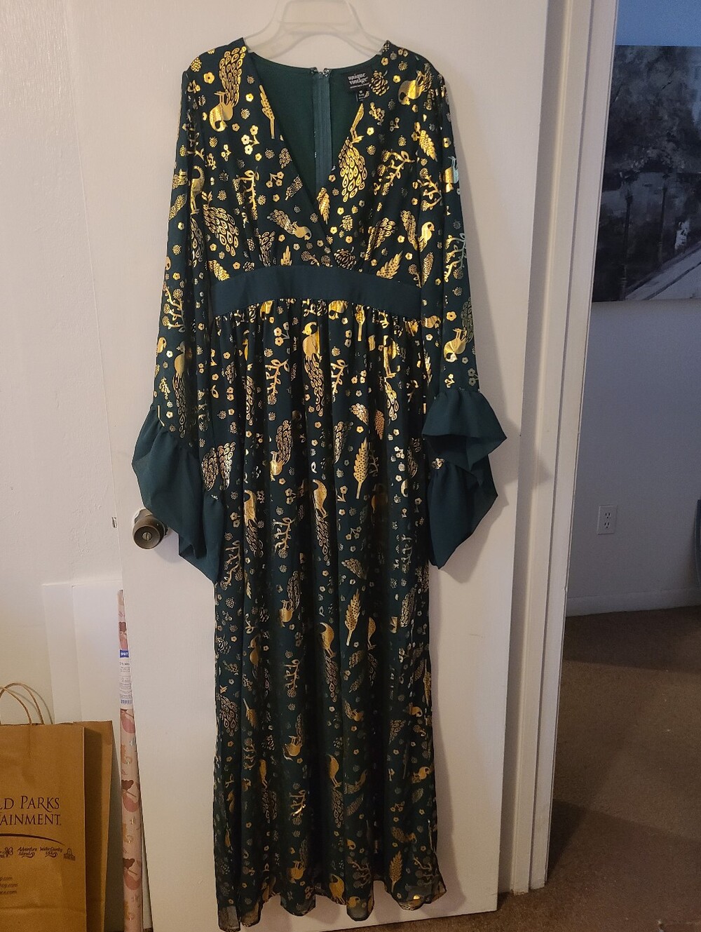 Unique Vintage Med Peacock gold foil maxi dress - Picture 2 of 6